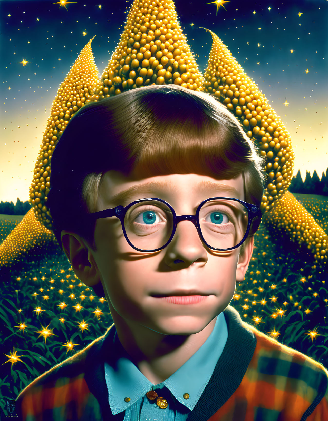 Surreal portrait of young boy with starry night sky and glowing corn cobs