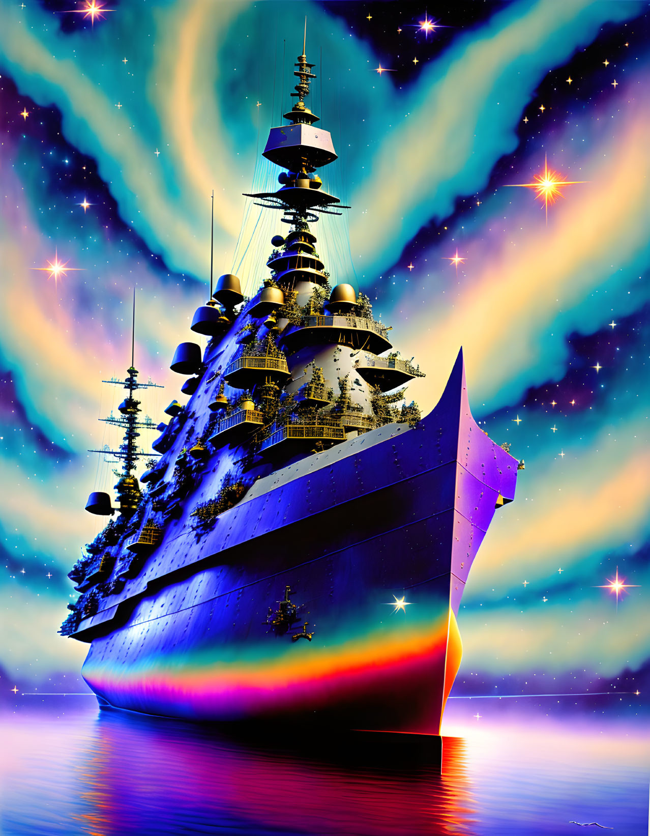 Colorful Battleship Sailing on Surreal Multicolored Ocean