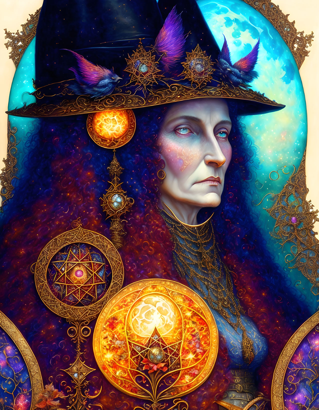 Detailed illustration of mystical woman with cosmic hat and vibrant hair on starry backdrop