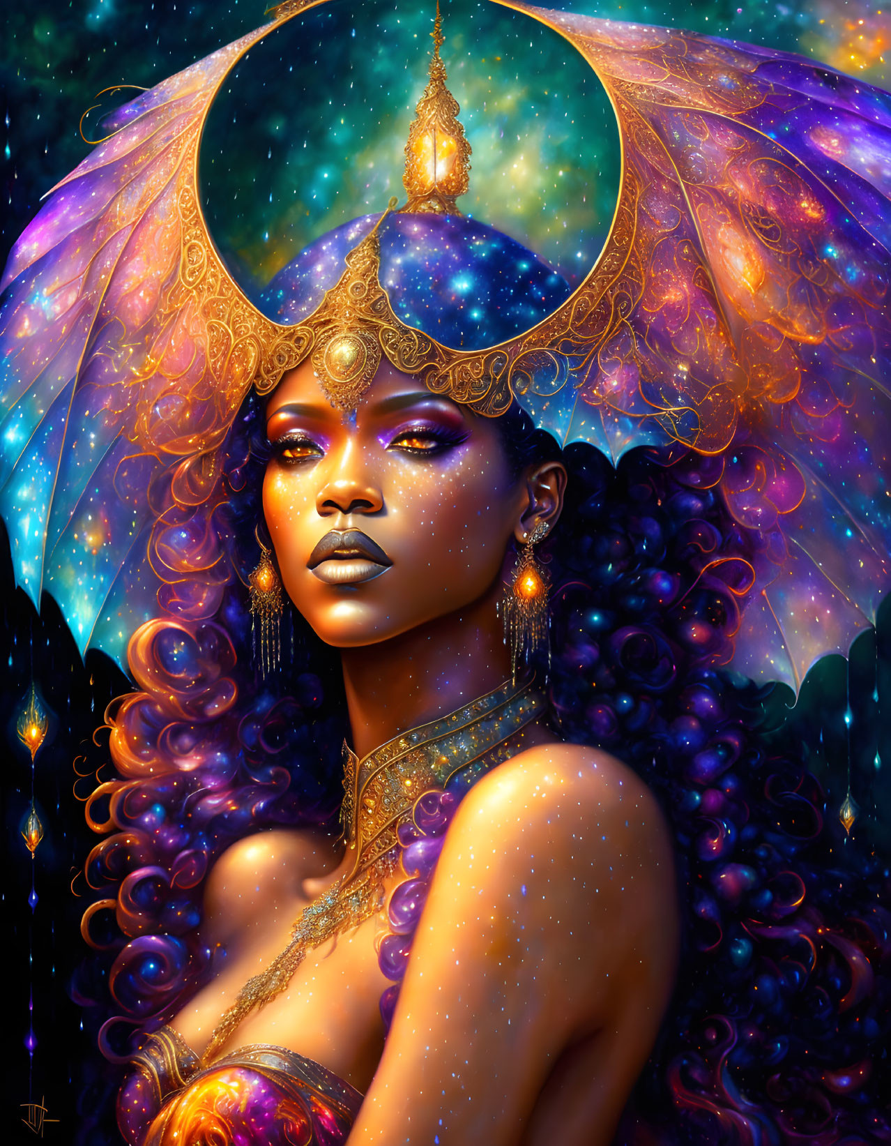 Cosmic-themed portrait of a woman with gold ornaments and celestial crescent crown