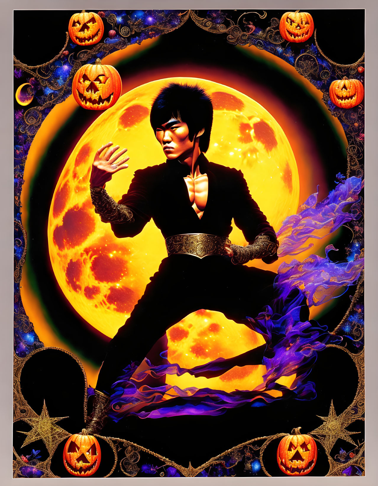 Illustration of person in dramatic pose with Halloween pumpkins under full moon