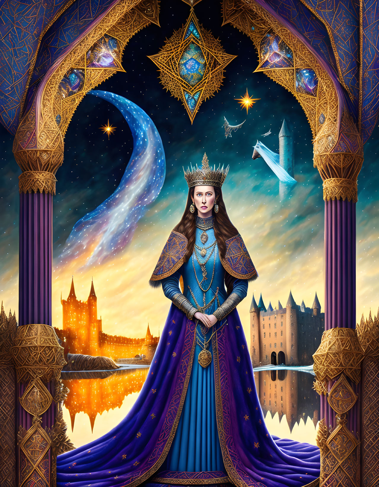 Regal woman in crown and blue robe with cosmic backdrop and castles