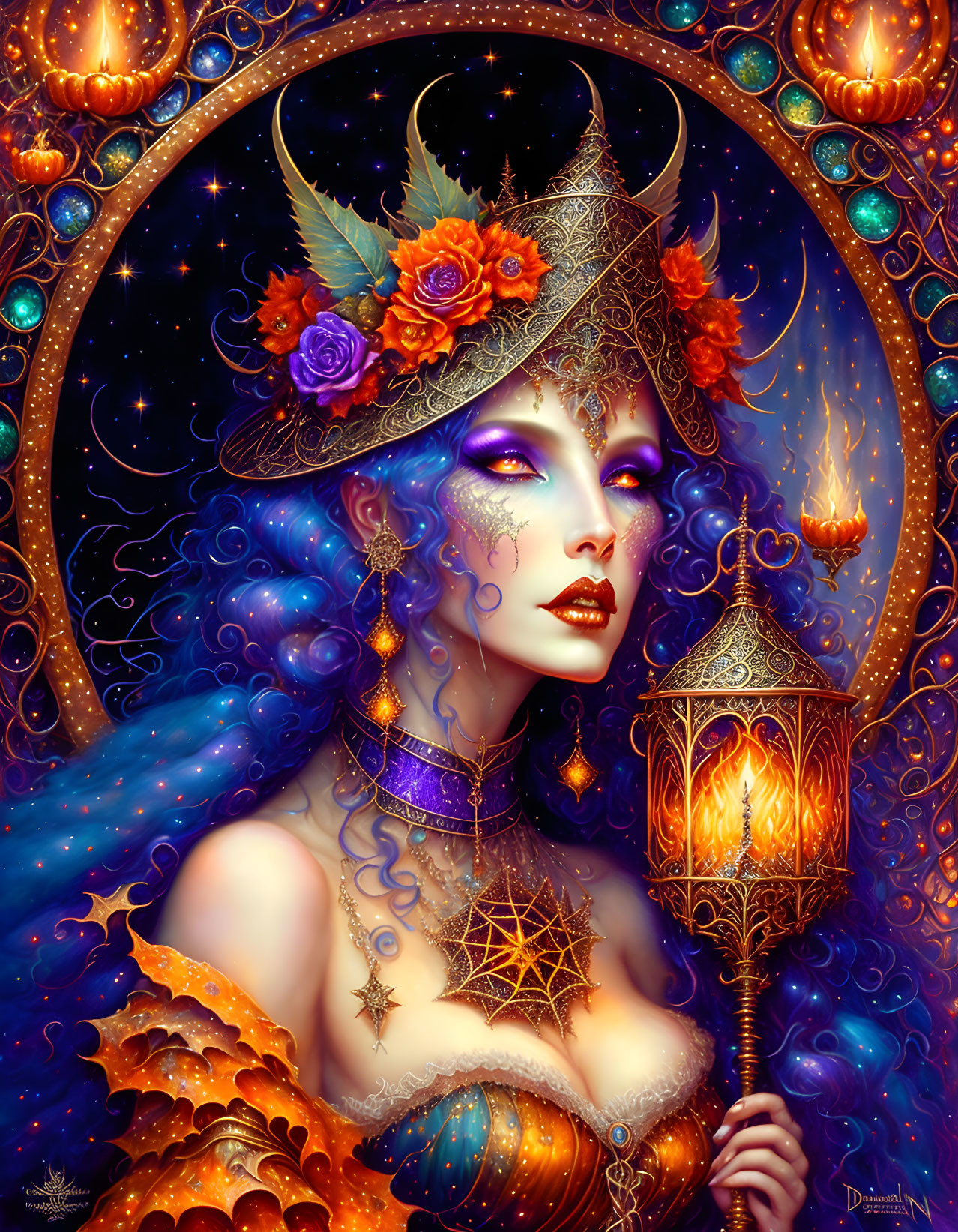 Vivid artwork featuring woman with cosmic, floral motifs, lantern, intricate jewelry