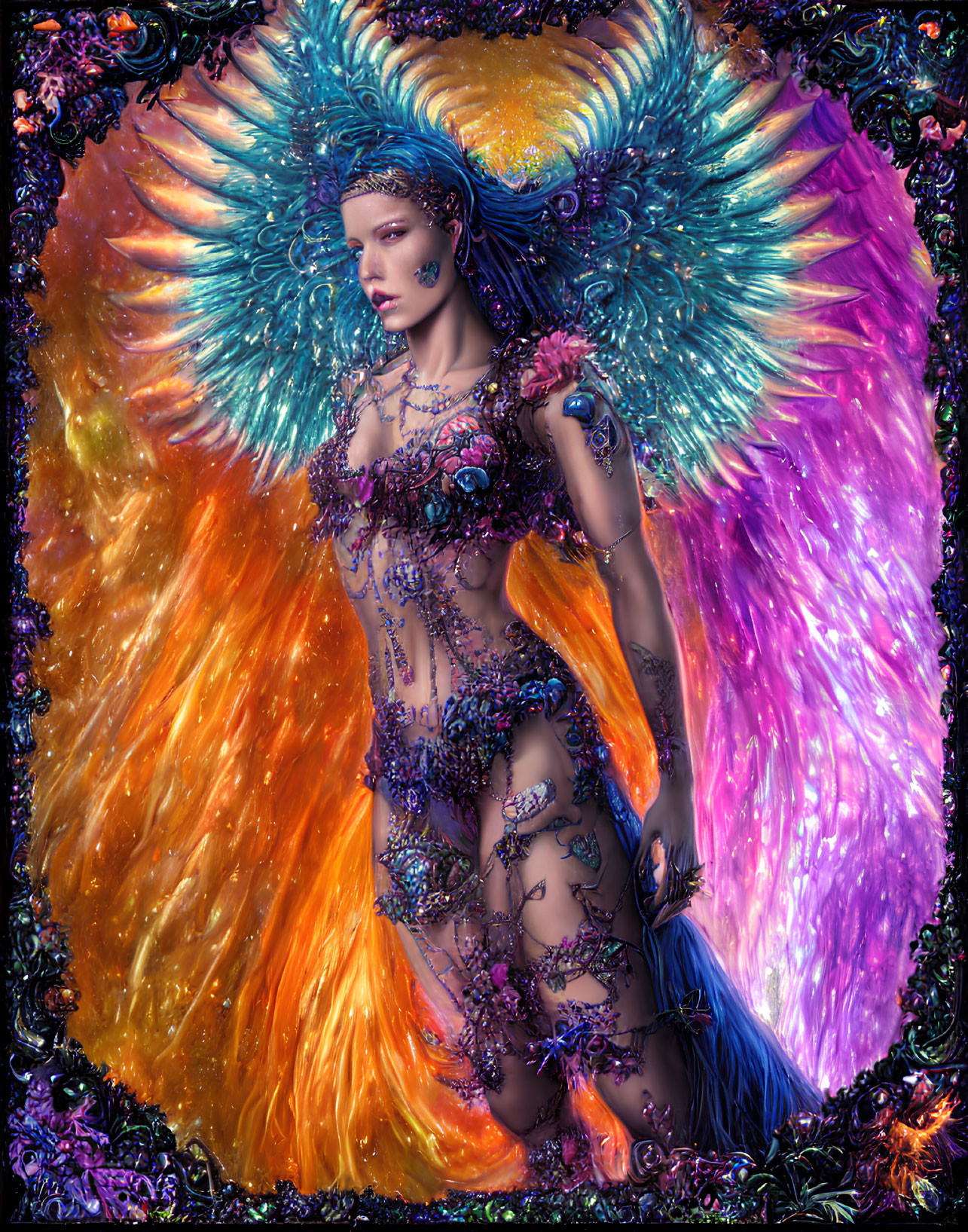 Digital Artwork: Woman with Iridescent Wings and Fiery Orange & Purple Ensemble