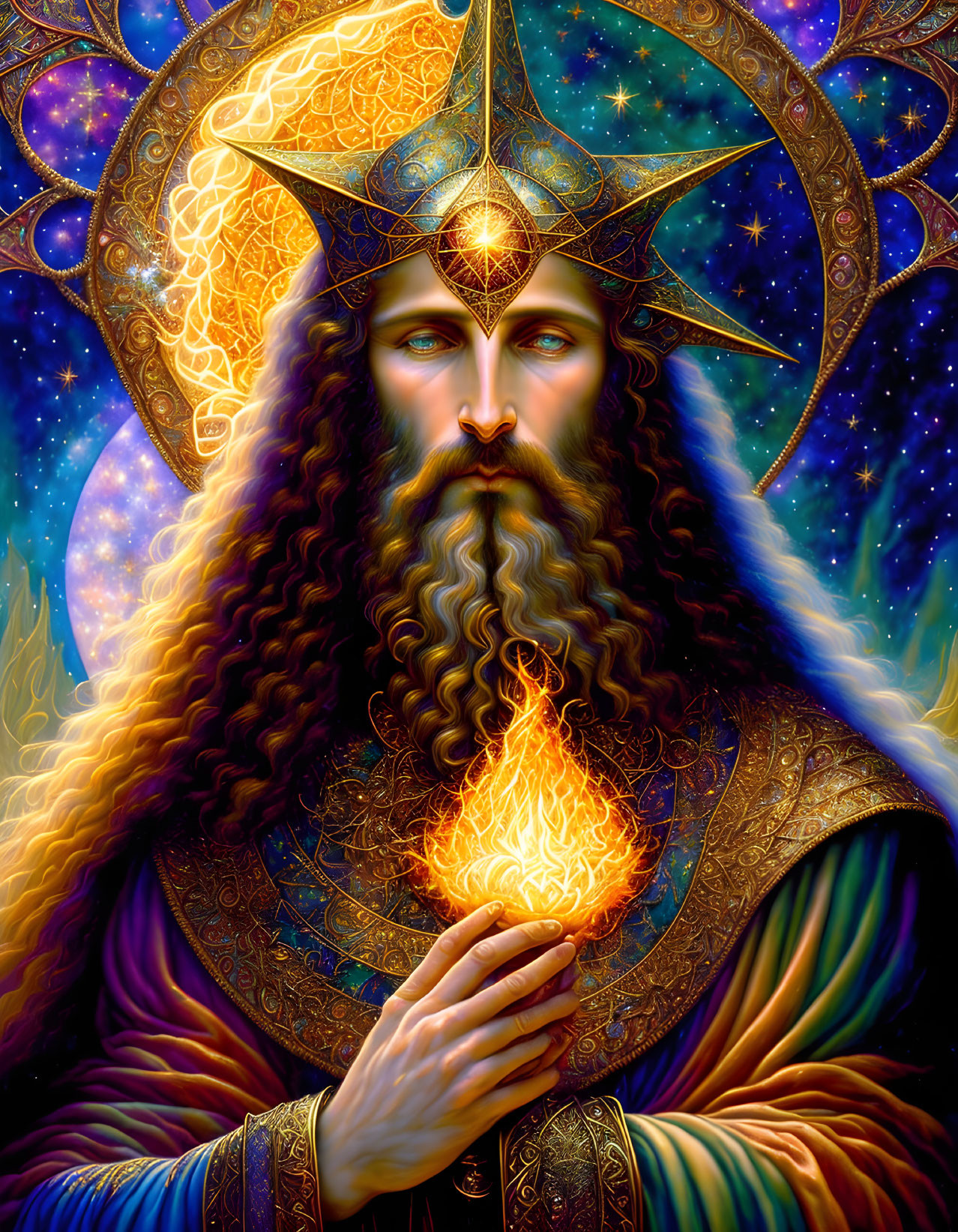 Bearded wizard with fiery orb in cosmic setting