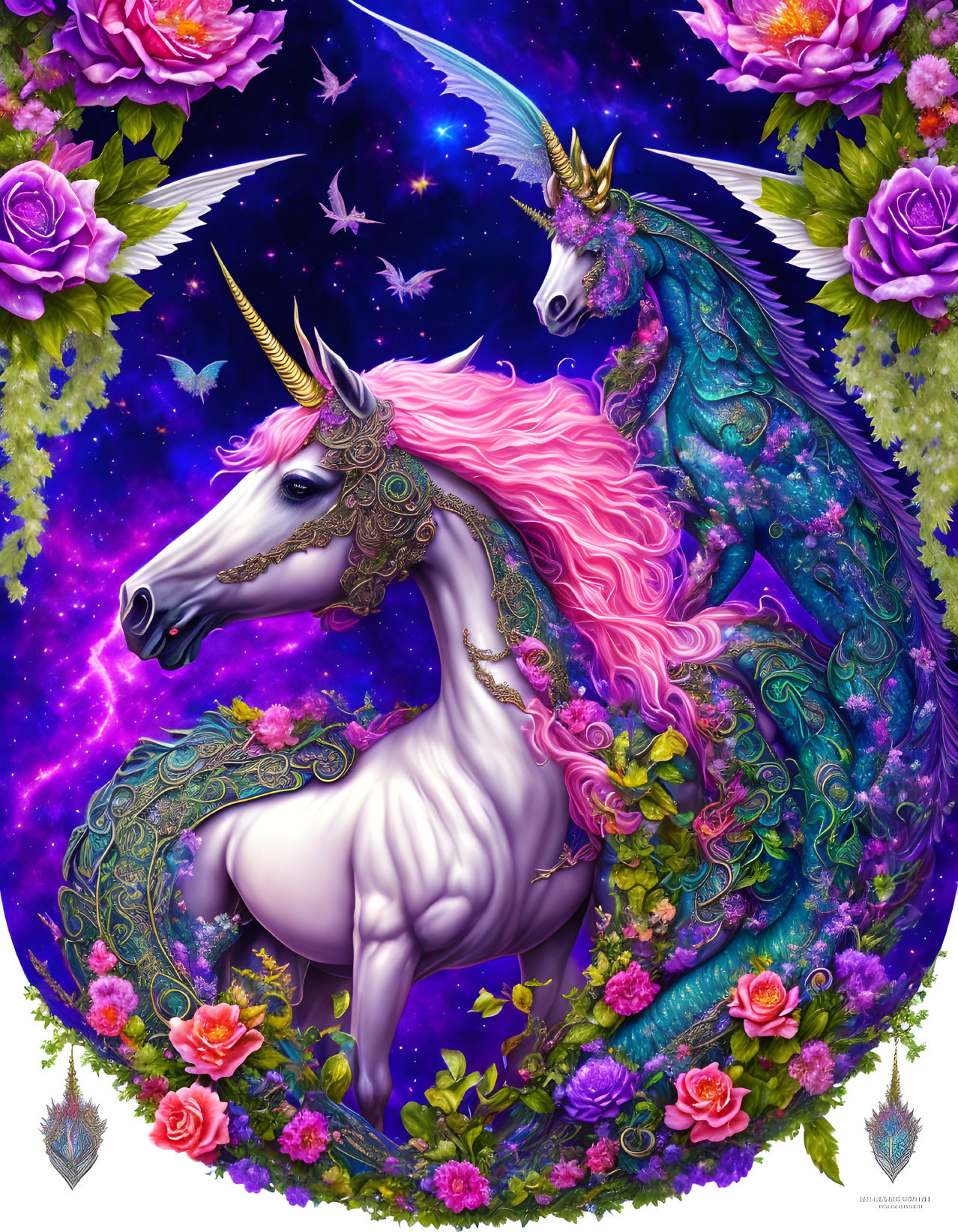 White Unicorn with Pink Mane Surrounded by Purple Flowers and Blue Dragon-Unicorn Hybrid in Starry Scene