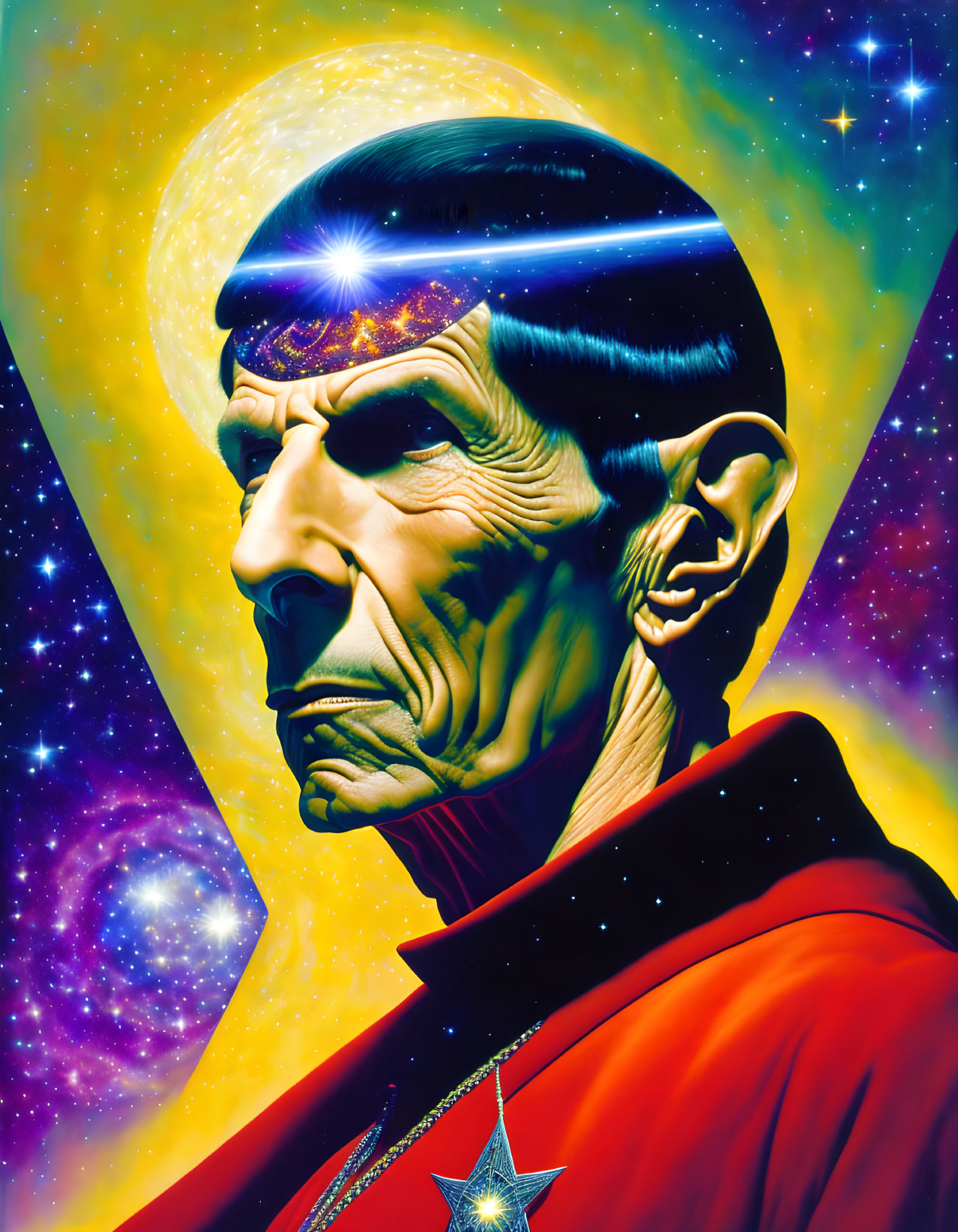 Male humanoid character with pointy ears in red uniform against cosmic backdrop