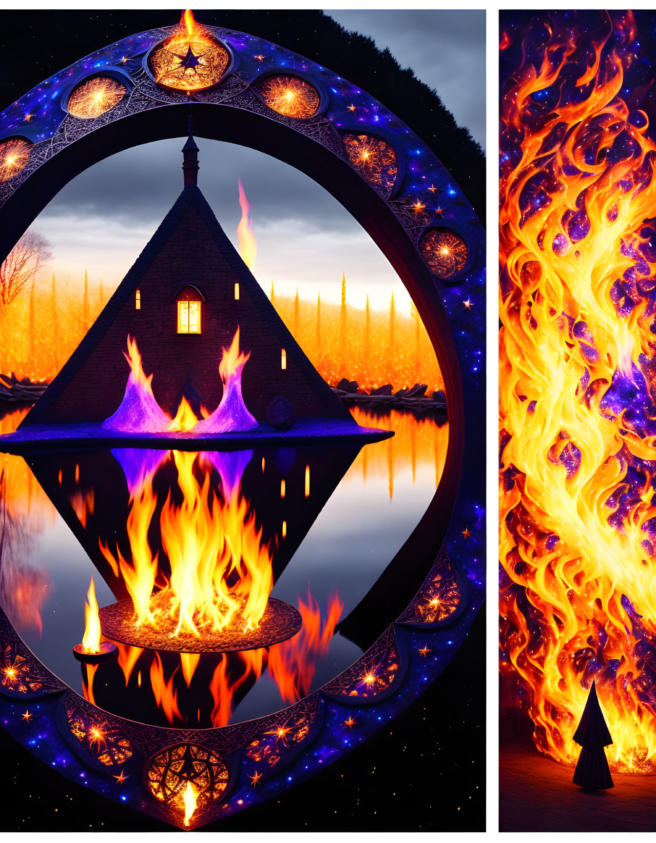 Surreal composite image of fiery landscape with mystical house and crescent moon.