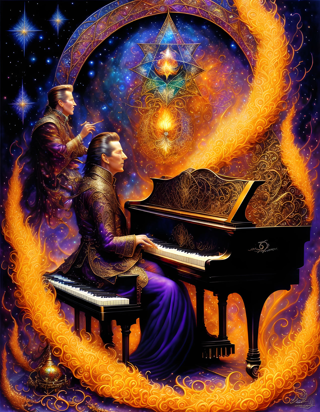 Illustration of two musicians with grand piano in cosmic setting