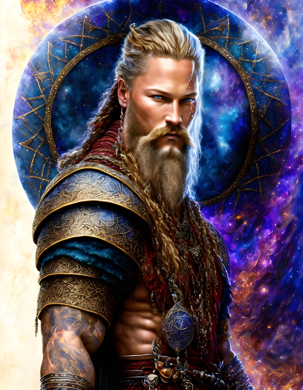 Bearded figure with braided hair in cosmic setting and mystical blue motif