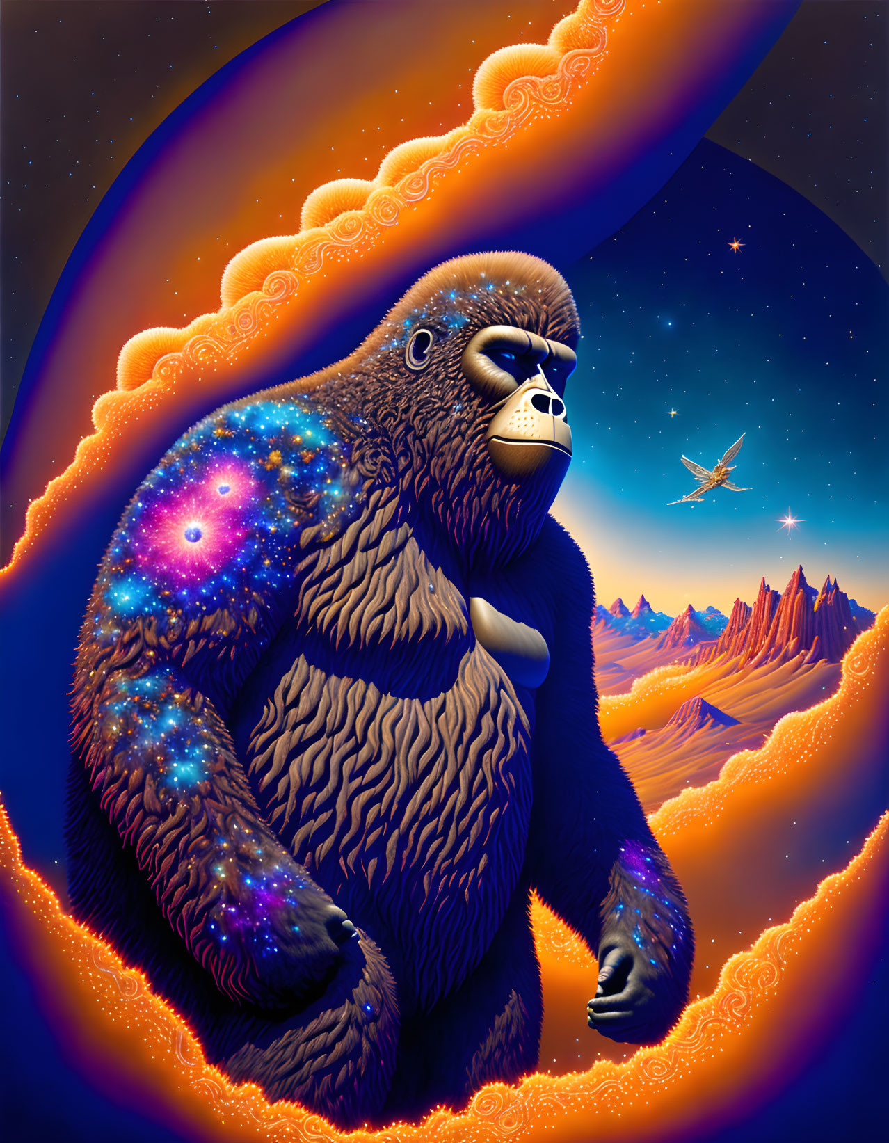 Cosmic gorilla with star-filled fur in surreal landscape