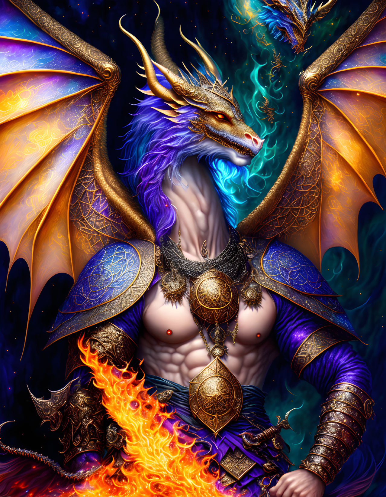 Fantasy illustration of warrior with dragon features and flames.