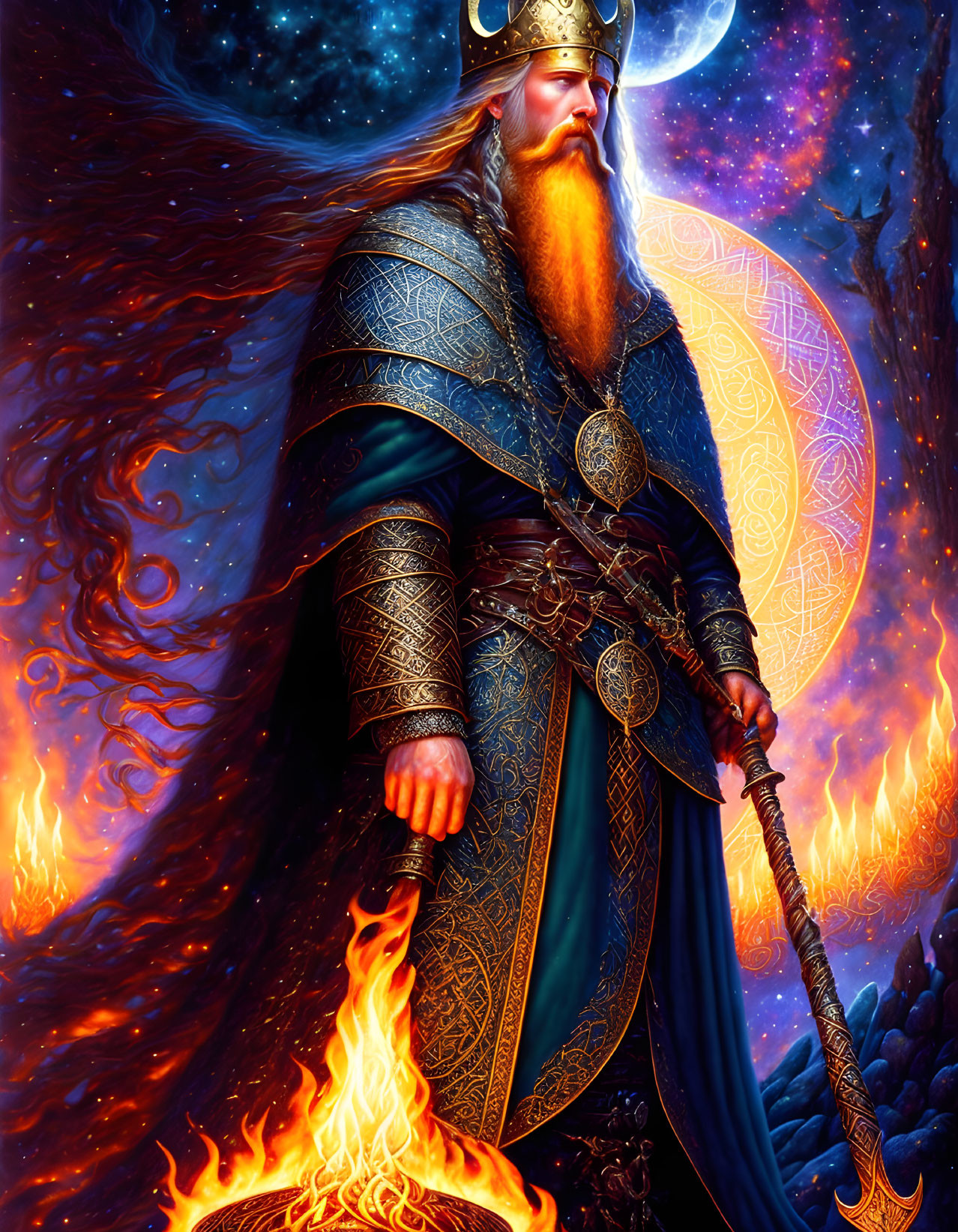 Majestic wizard in ornate robes with staff in fiery, starry setting