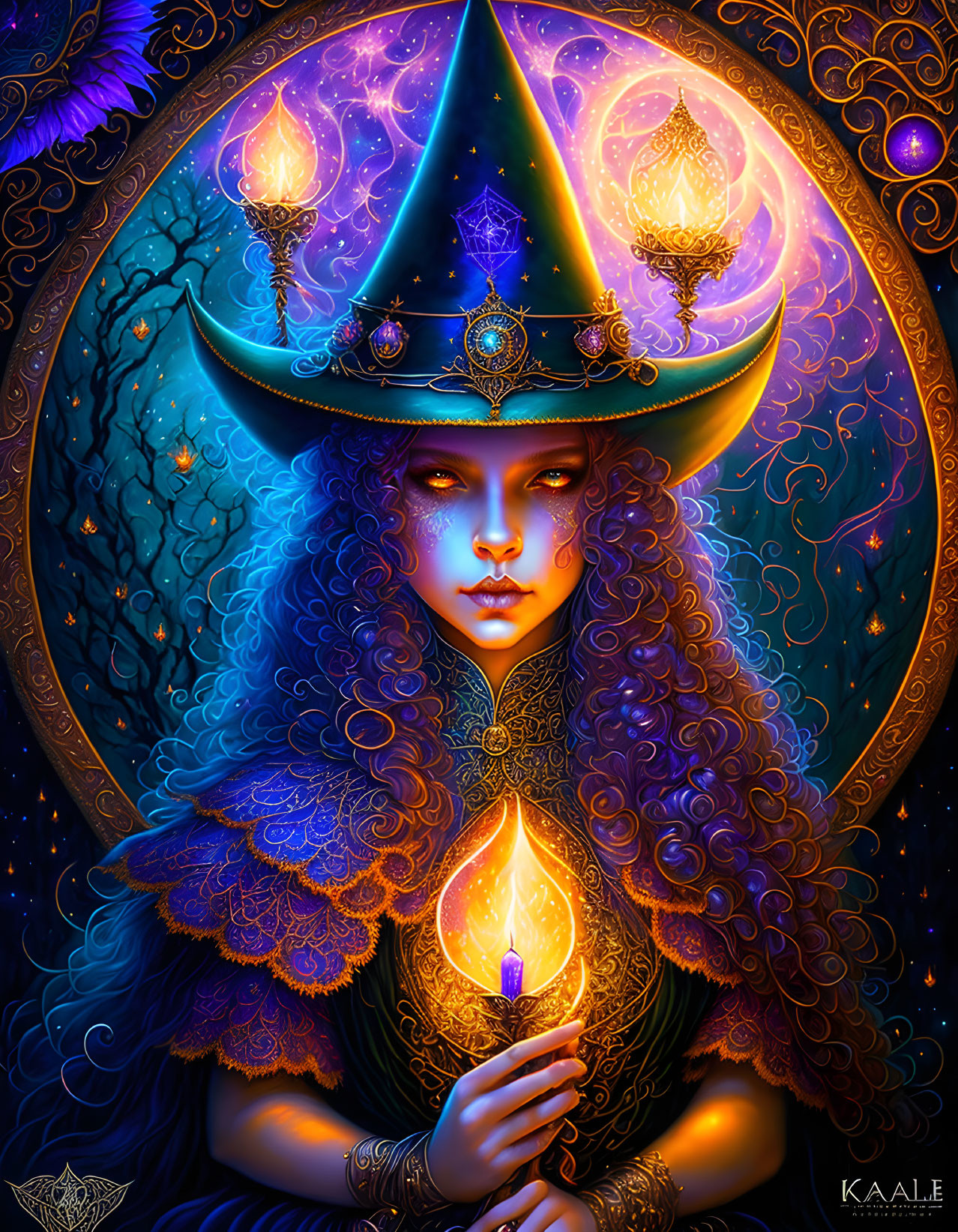 Mystical figure with blue eyes holding a candle under starry backdrop