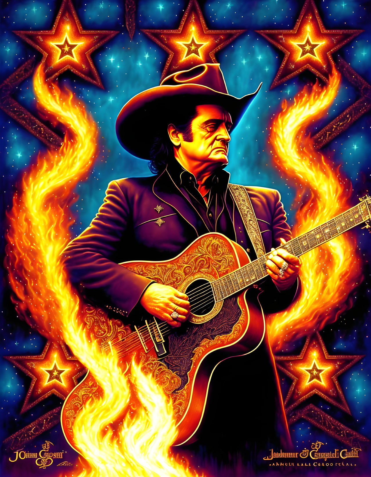 Colorful cowboy hat man plays guitar in fiery starry cosmic scene