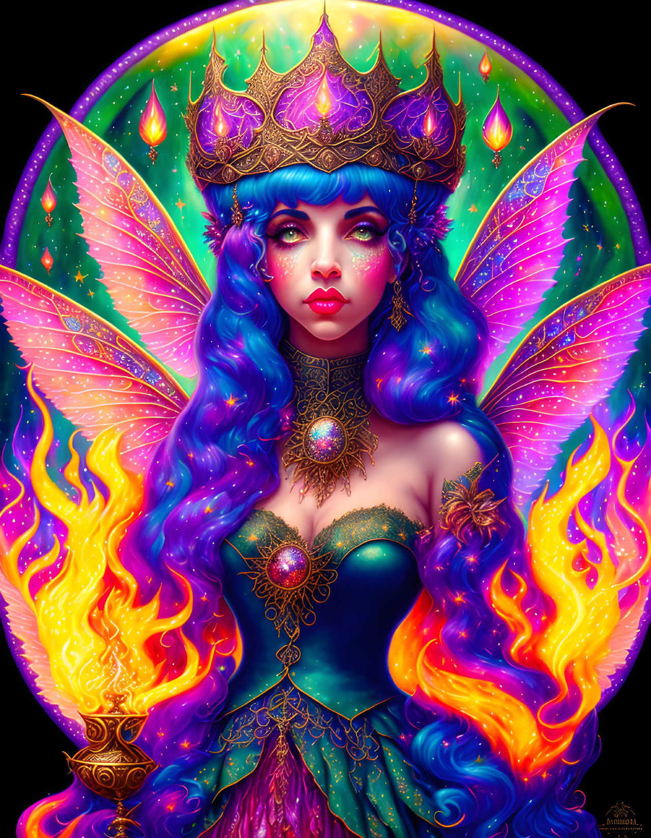 Fantasy fairy queen with luminescent wings and royal crown