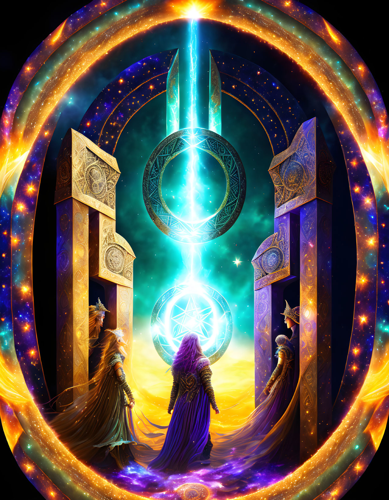 Vibrant fantasy artwork: Two robed figures by ornate portal