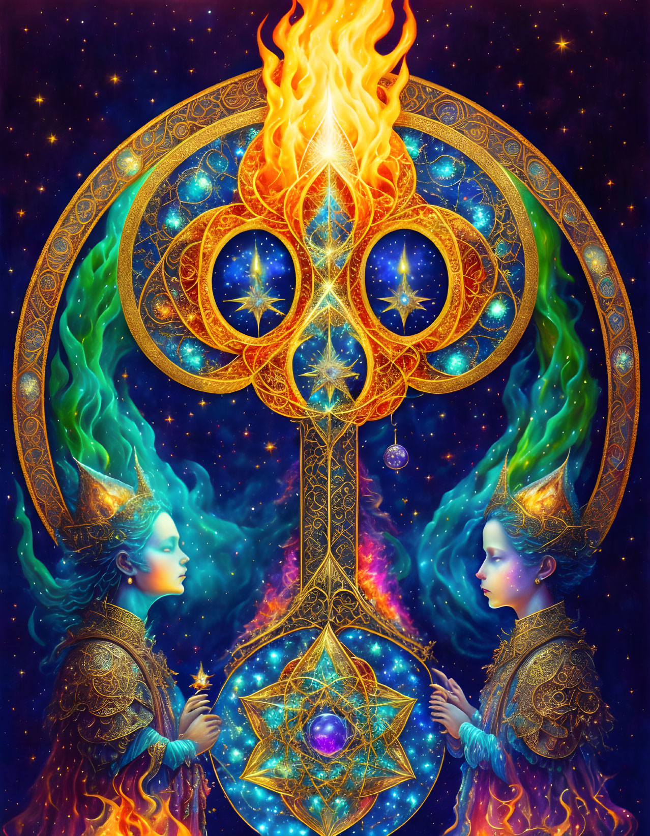 Fantasy illustration of ethereal figures with cosmic symbol in flames