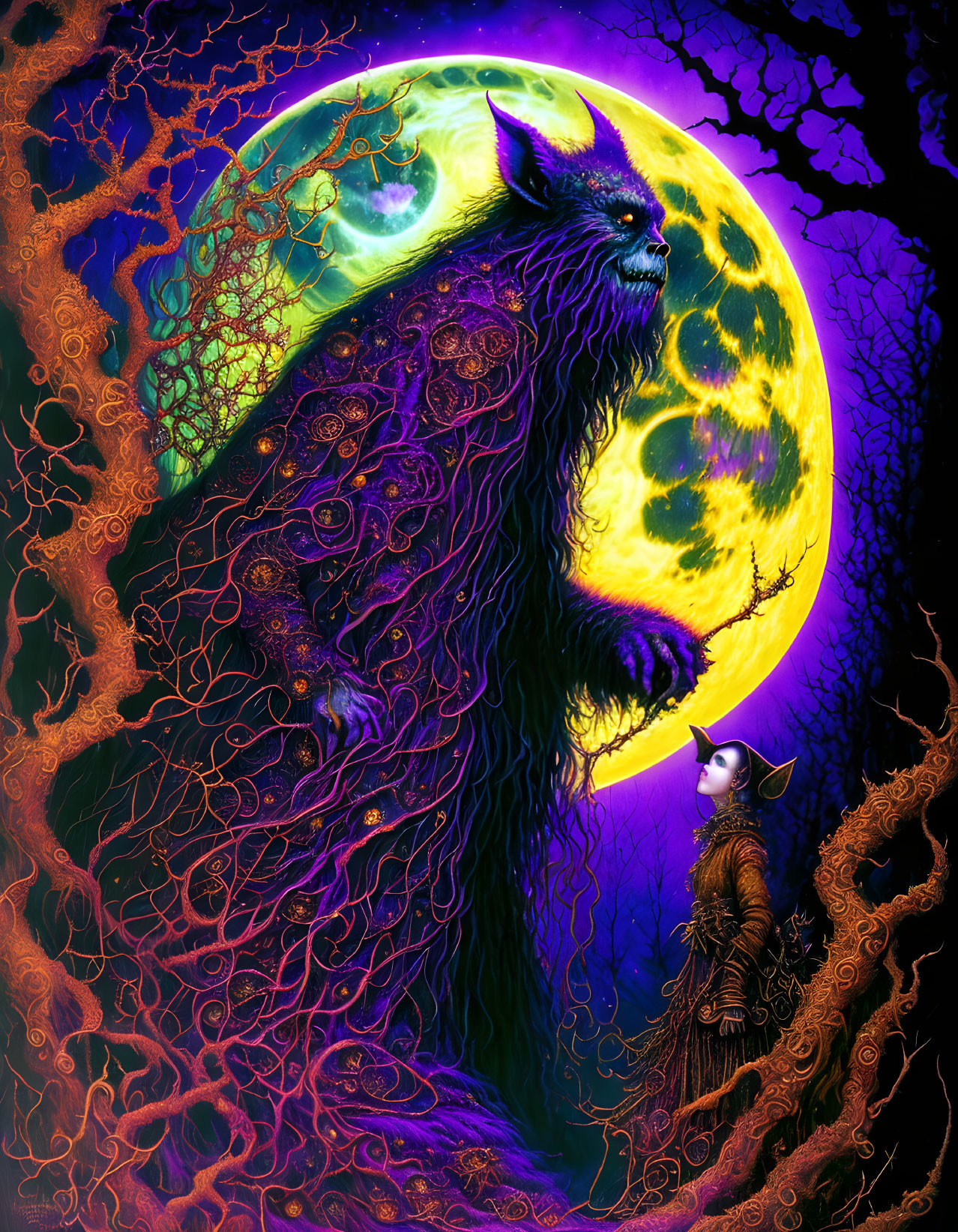 Illustration of wolf-like creature and figure in moonlit forest