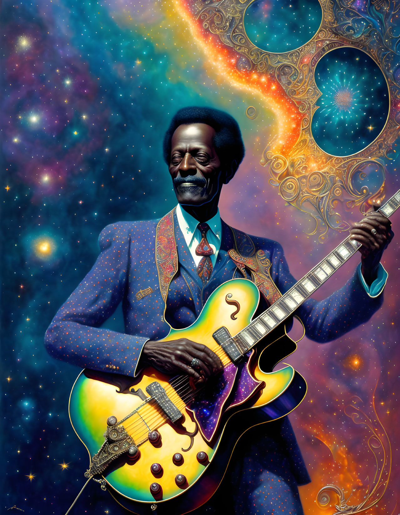 Smiling man with afro playing guitar in cosmic background