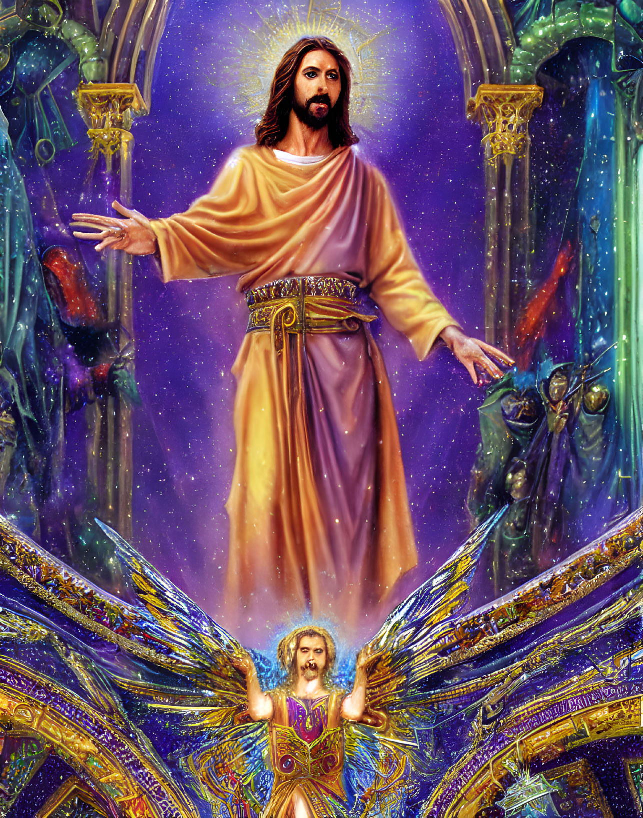 Religious illustration of figure in yellow and purple robe with outstretched arms above angelic figure against