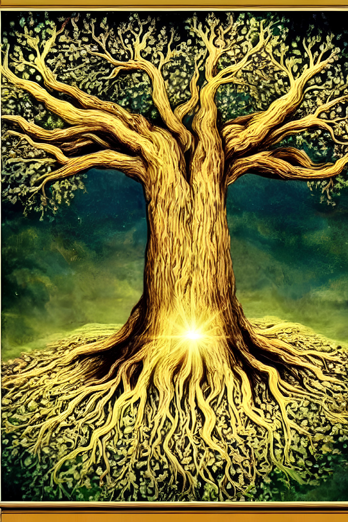 Majestic tree digital artwork with glowing roots