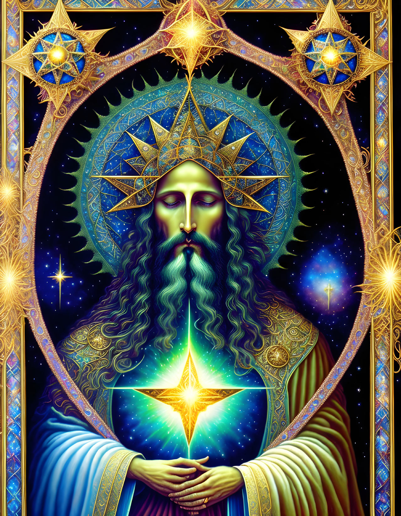 Mystical figure with starry glow and golden geometric patterns