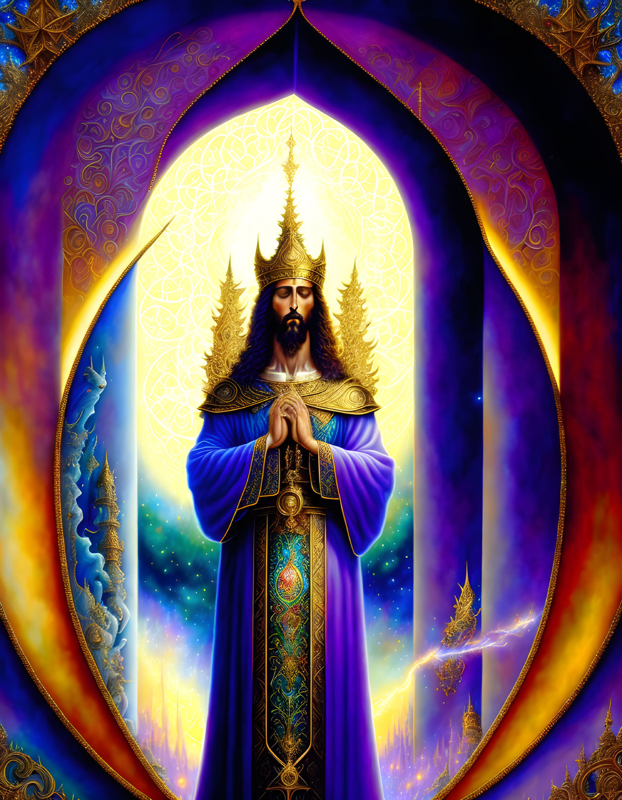 Regal figure in purple robes with golden trim in cosmic setting