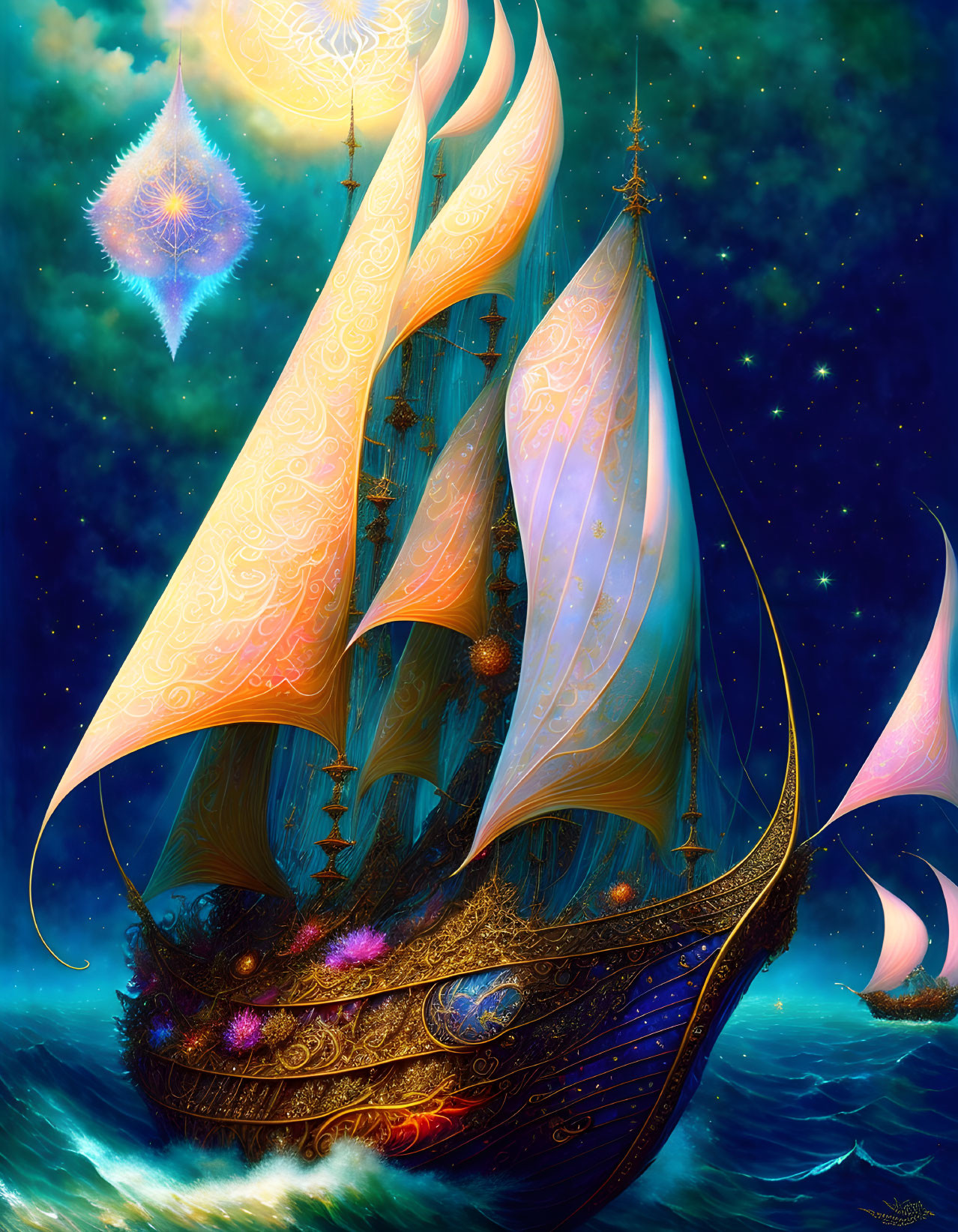 Luminous ship with ornate sails on starry waters