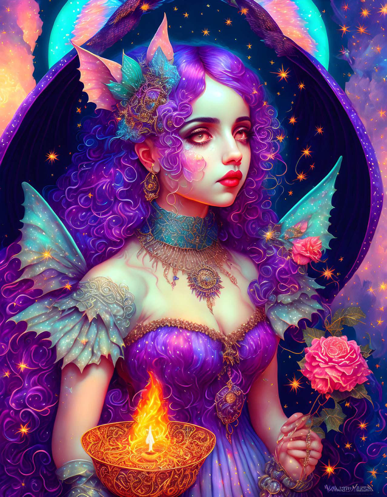 Fantastical woman with purple hair, butterfly wings, candle, rose, cosmic and floral elements