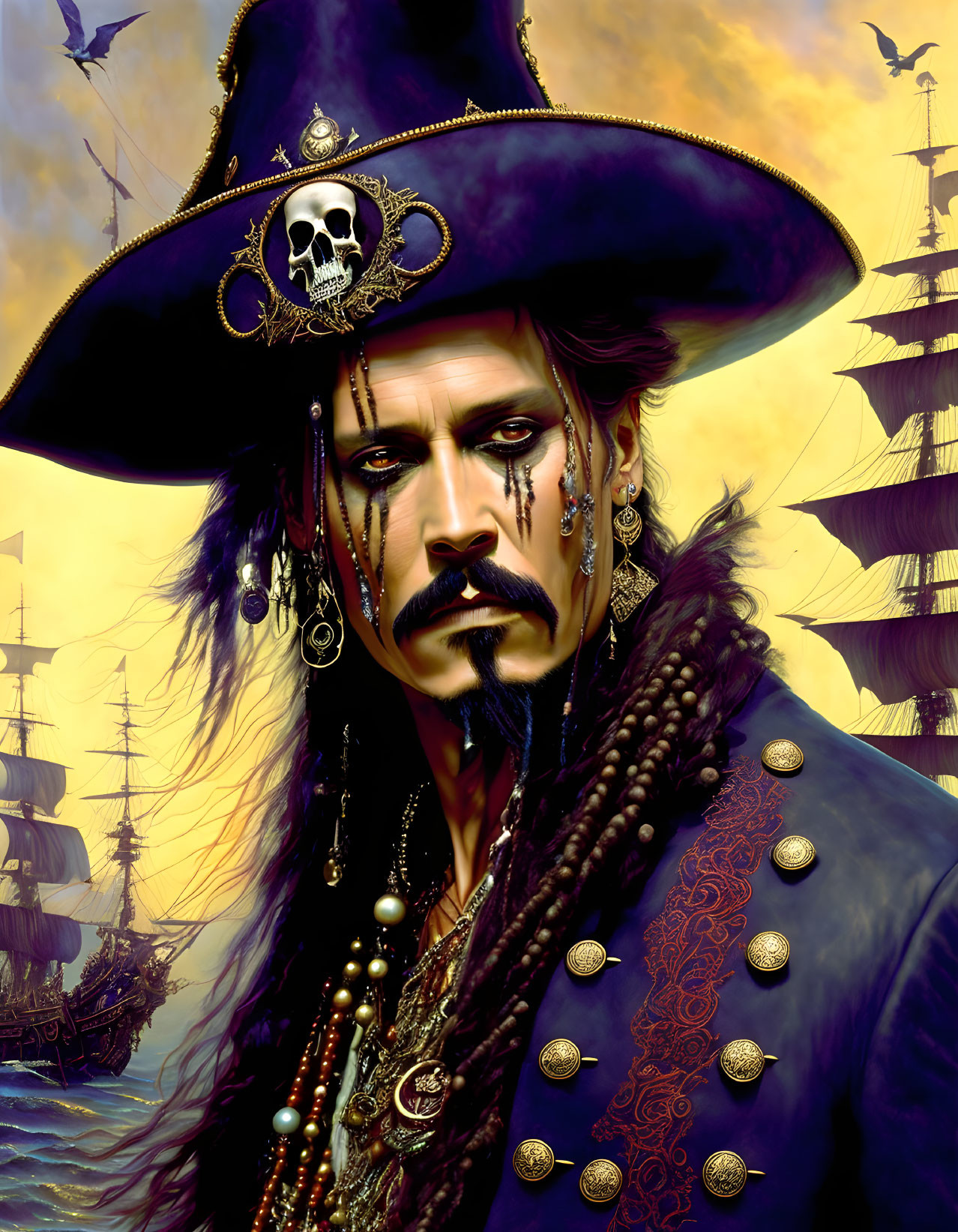 Detailed Pirate Illustration with Large Hat, Skull Emblem, and Ships