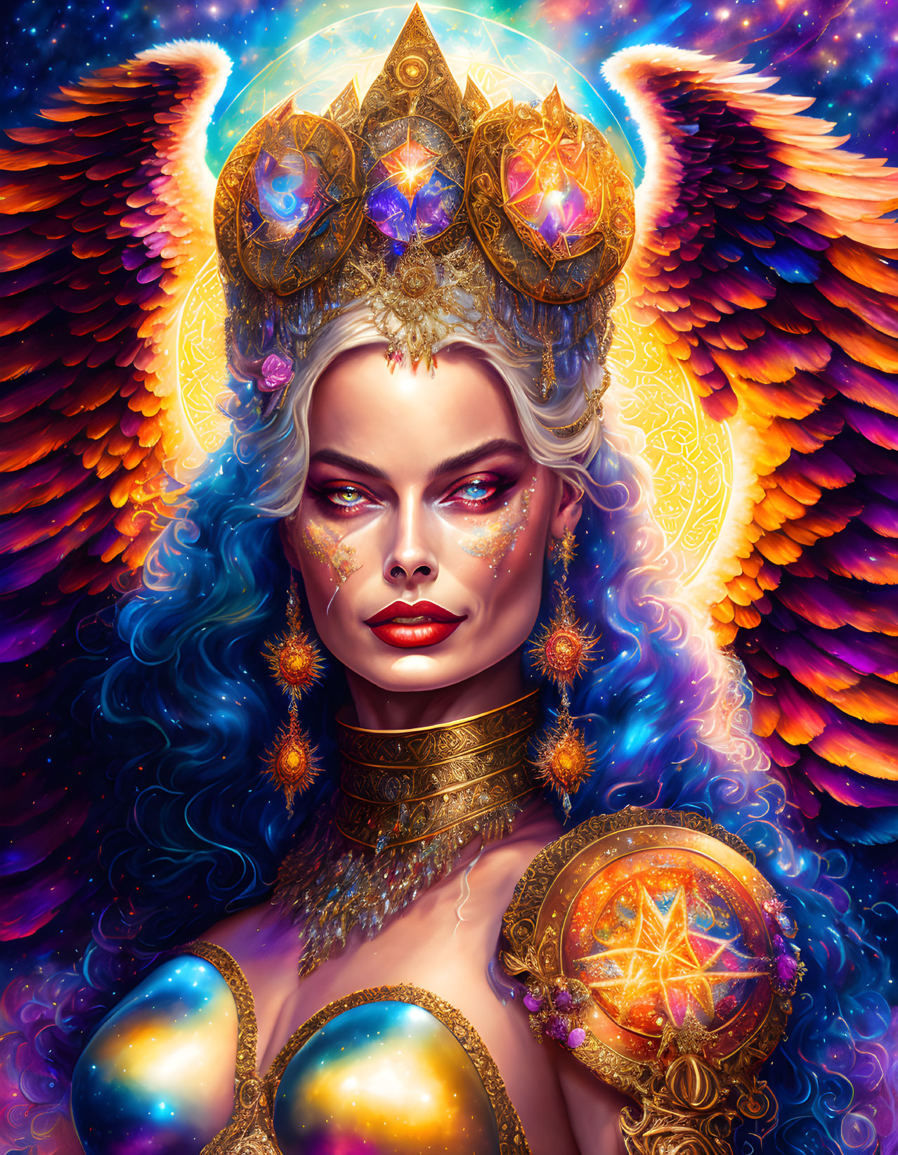 Regal cosmic-themed illustration of woman with blue hair and golden crown