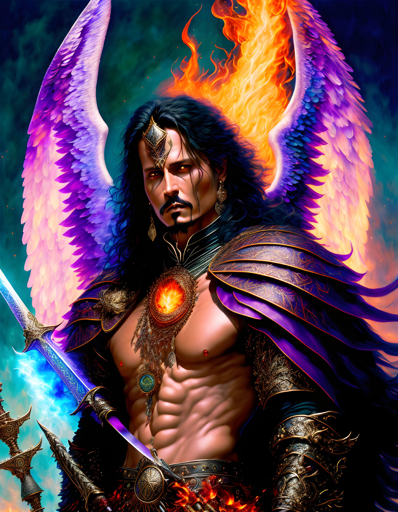 Colorful winged warrior with flaming arm, sword, ornate armor, mystical pendant