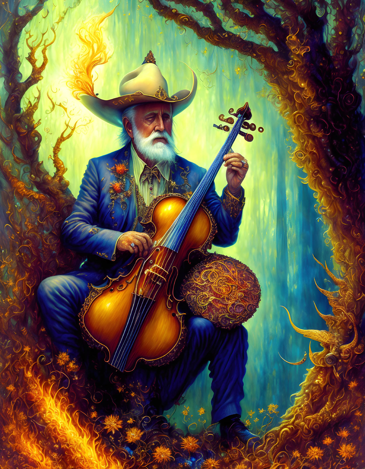 Bearded person in cowboy hat playing cello in vibrant, abstract setting