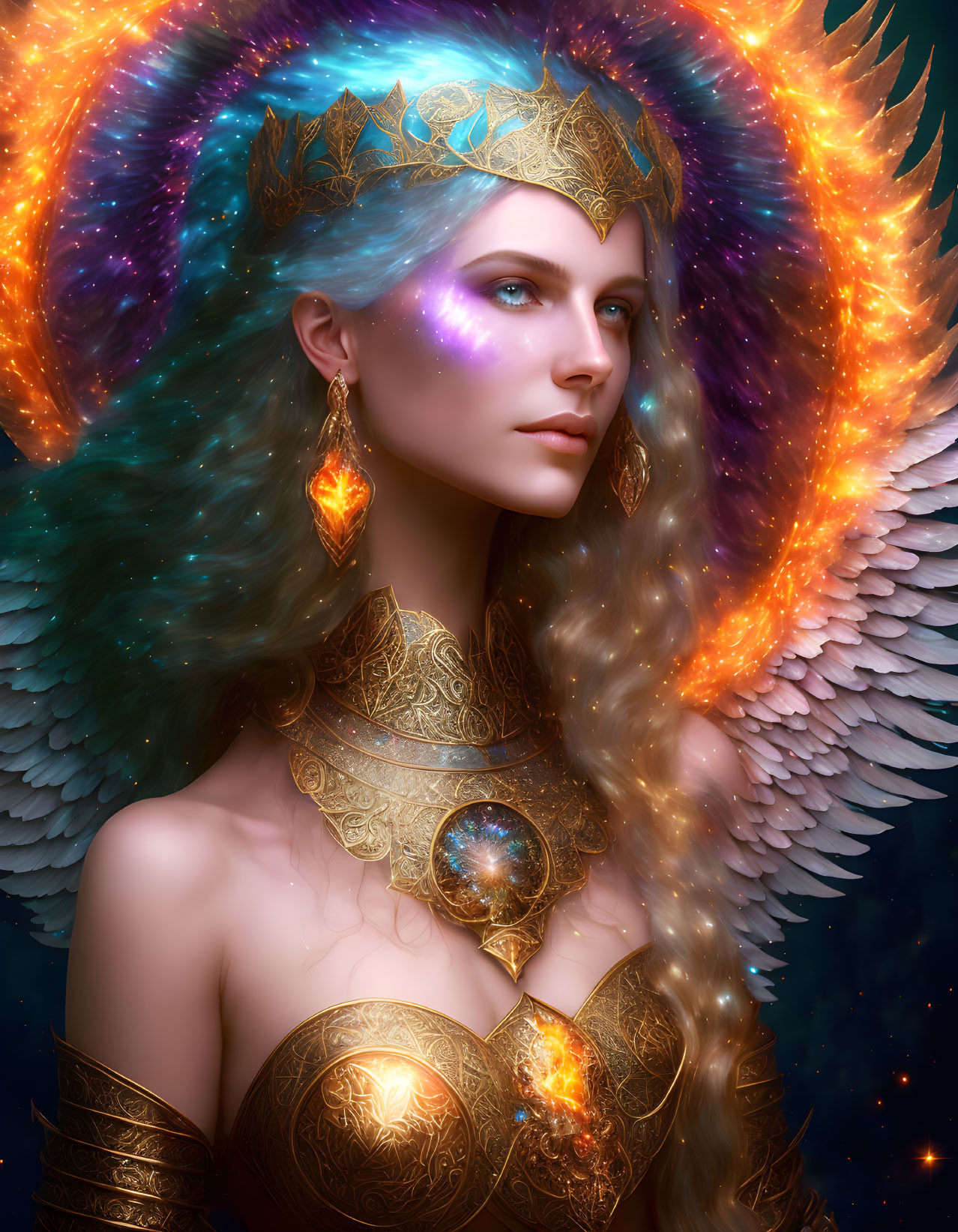 Fantasy image: Woman with angel wings, golden armor, crown, fiery halo, starry background