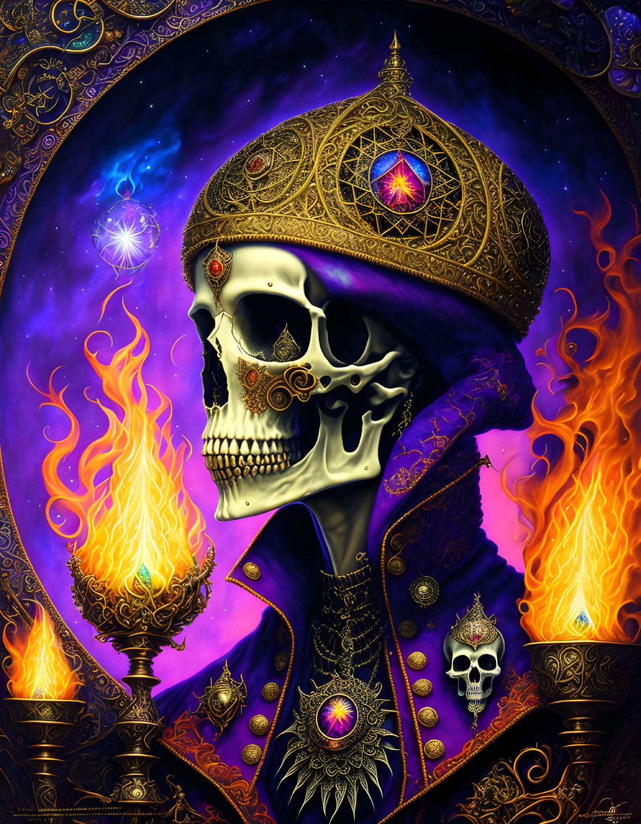 Illustration: Skeletal figure with crown in cosmic flames