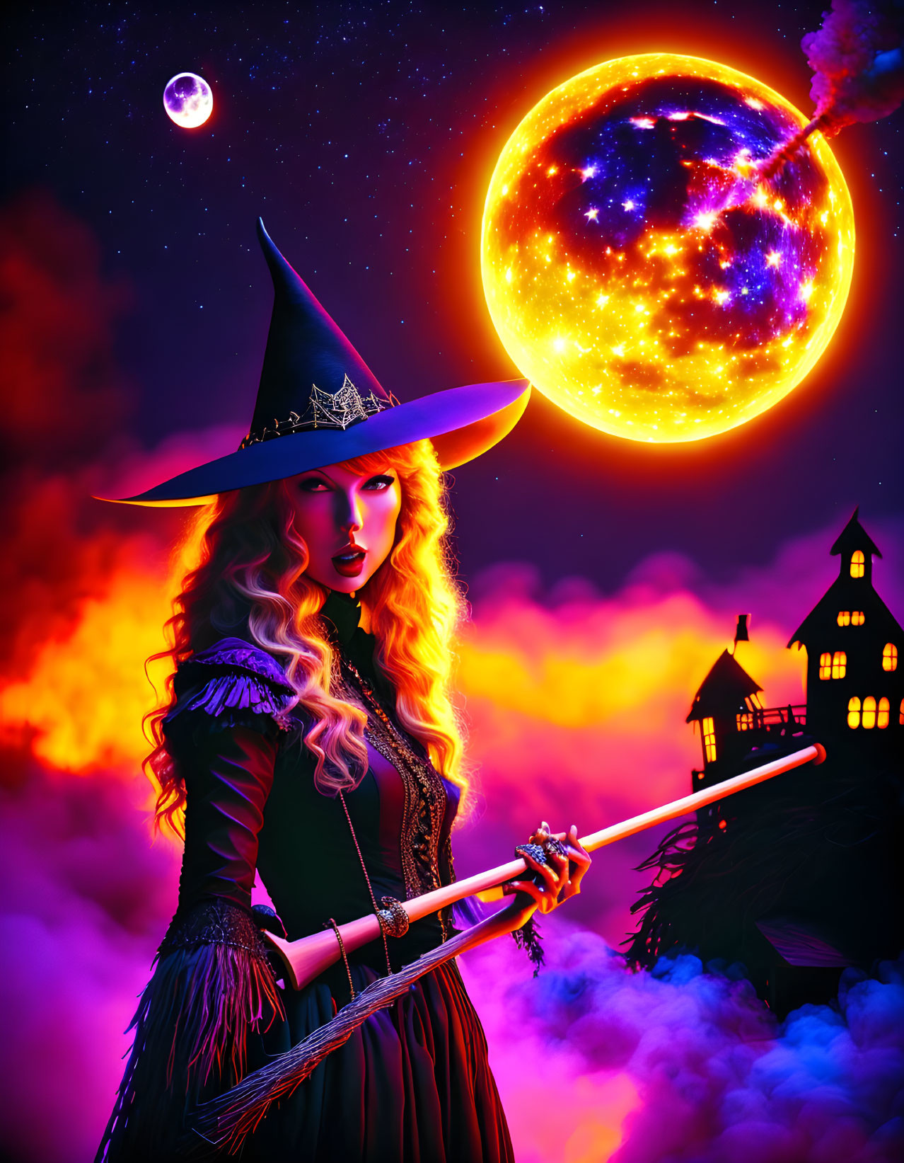 Witch with broom under full moon by haunted house