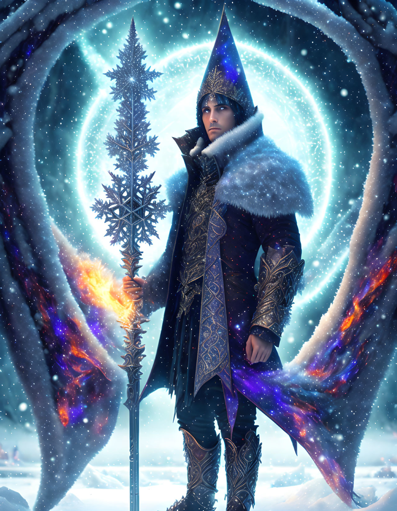 Regal figure in ornate winter attire with snowflake staff and cosmic flames against galaxy backdrop