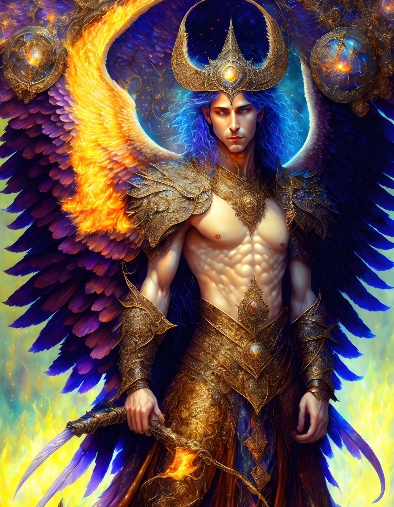 Fantasy Figure with Blue Hair, Golden Armor, Sword, and Fiery Wings