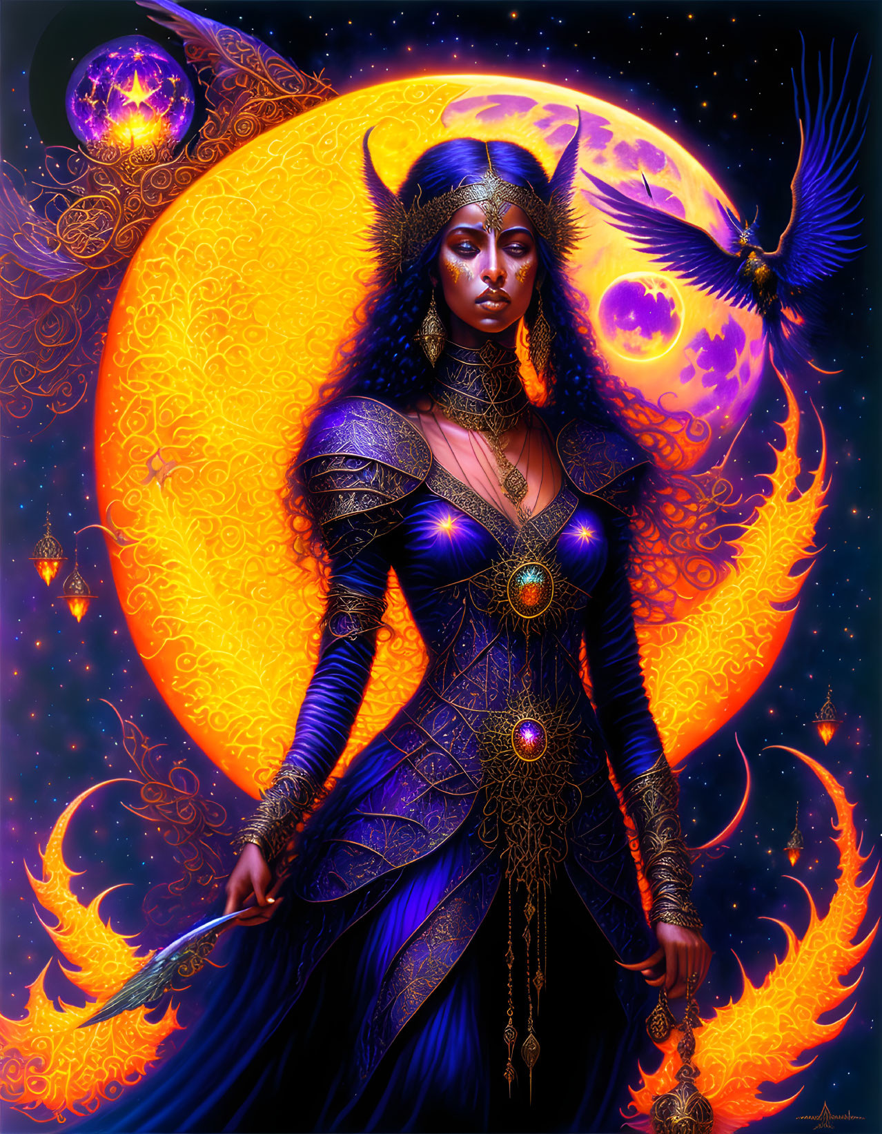 Mystical woman with horns in blue and gold attire with raven in fantastical moonlit scene