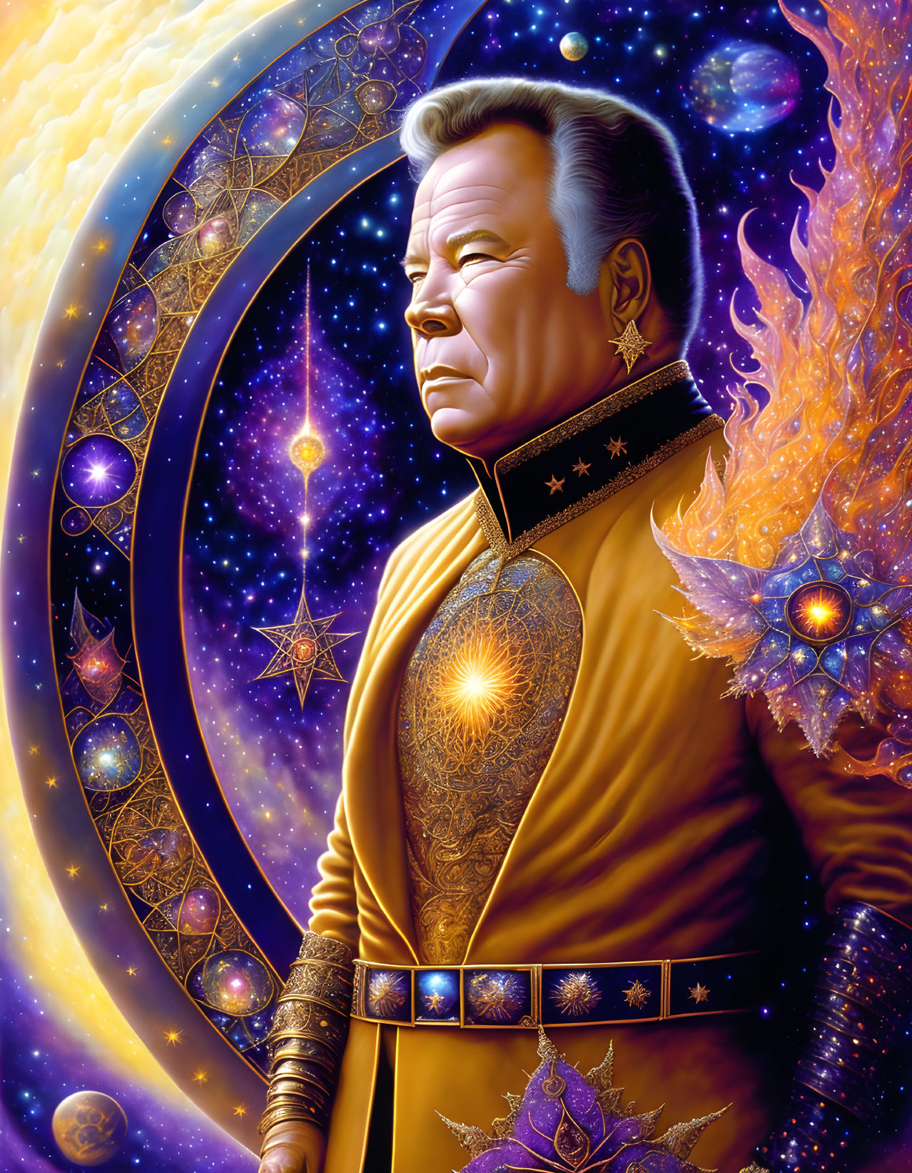 Golden uniform man portrait with cosmic and fire-like motifs