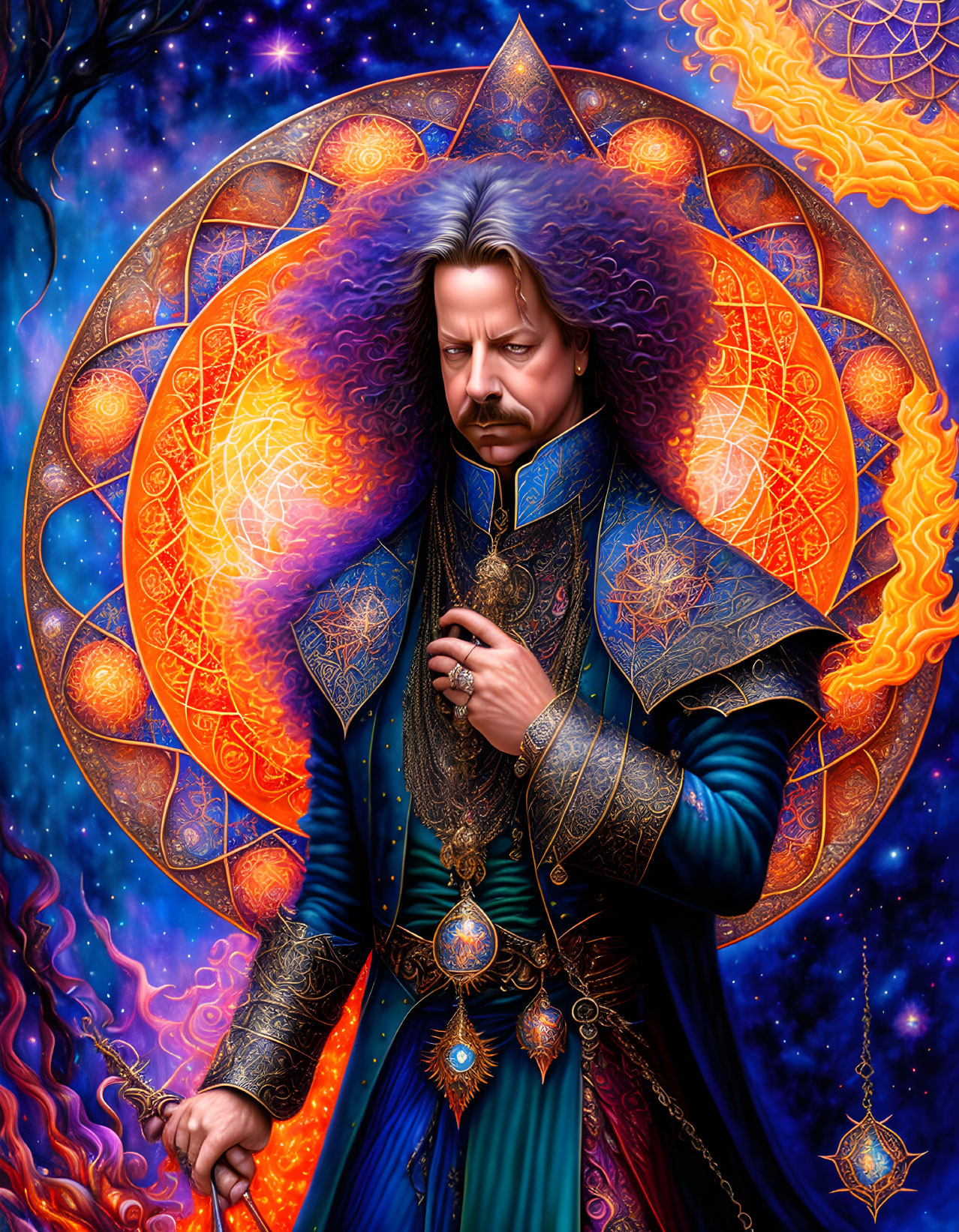 Bearded Figure in Blue Robes with Cosmic Background