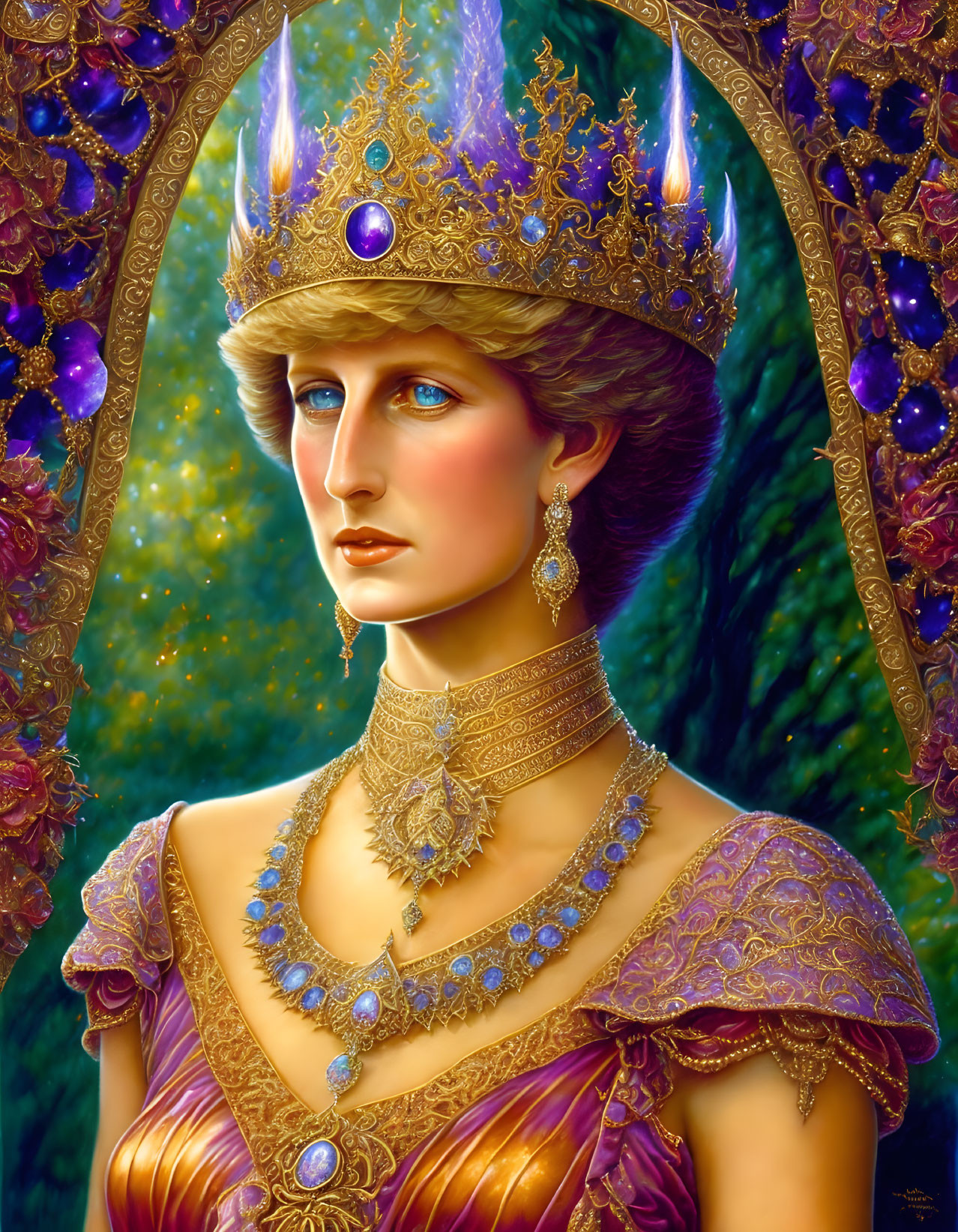 Regal woman portrait with golden crown and purple jewels in forest setting