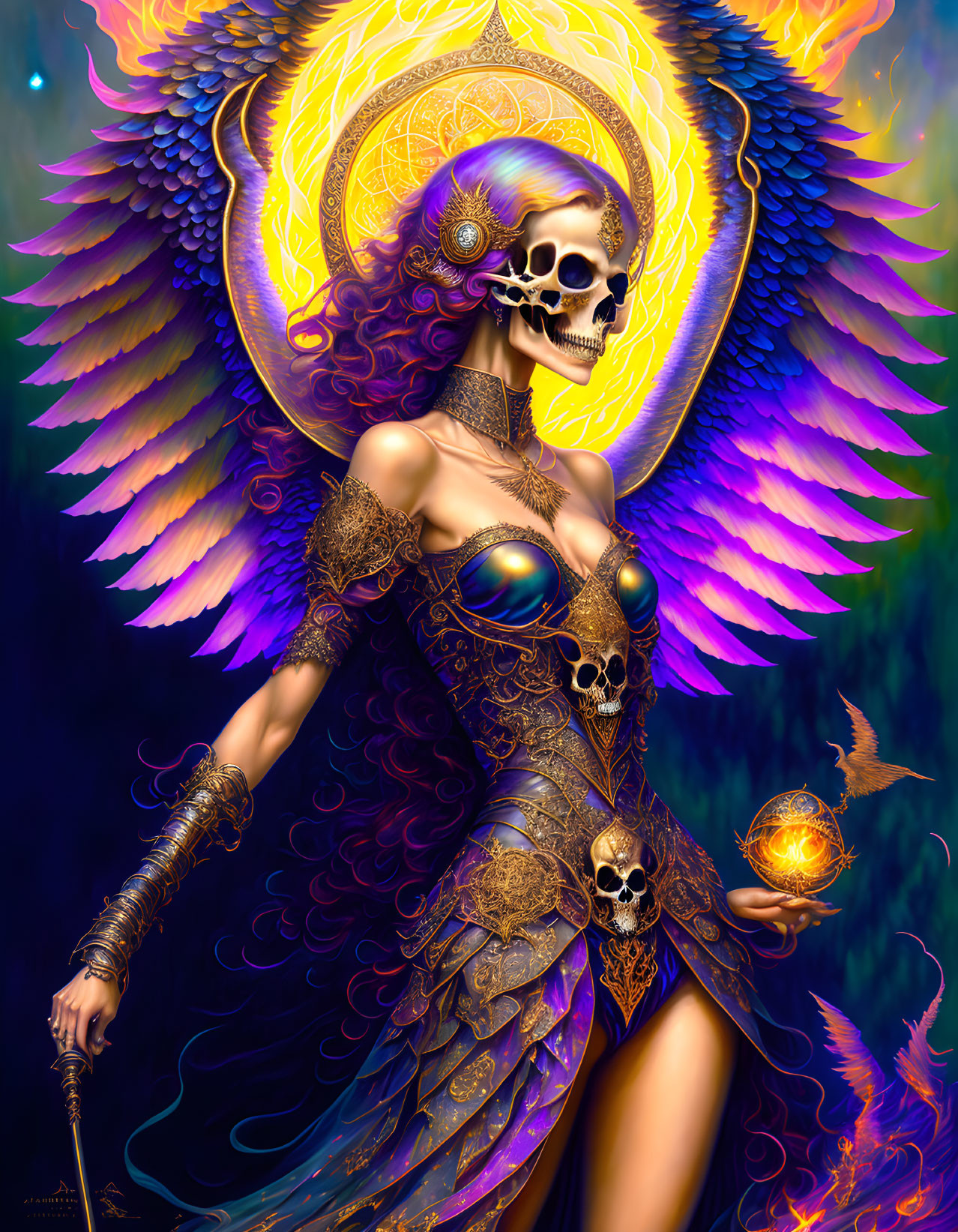 Skeletal figure in golden armor with purple wings and halo holding sphere and staff