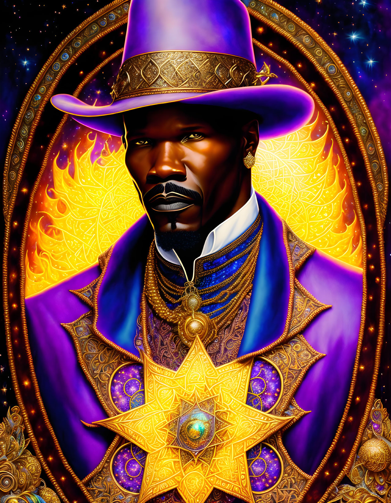 Colorful digital artwork of man in purple suit with mustache, hat, and gold jewelry on fiery