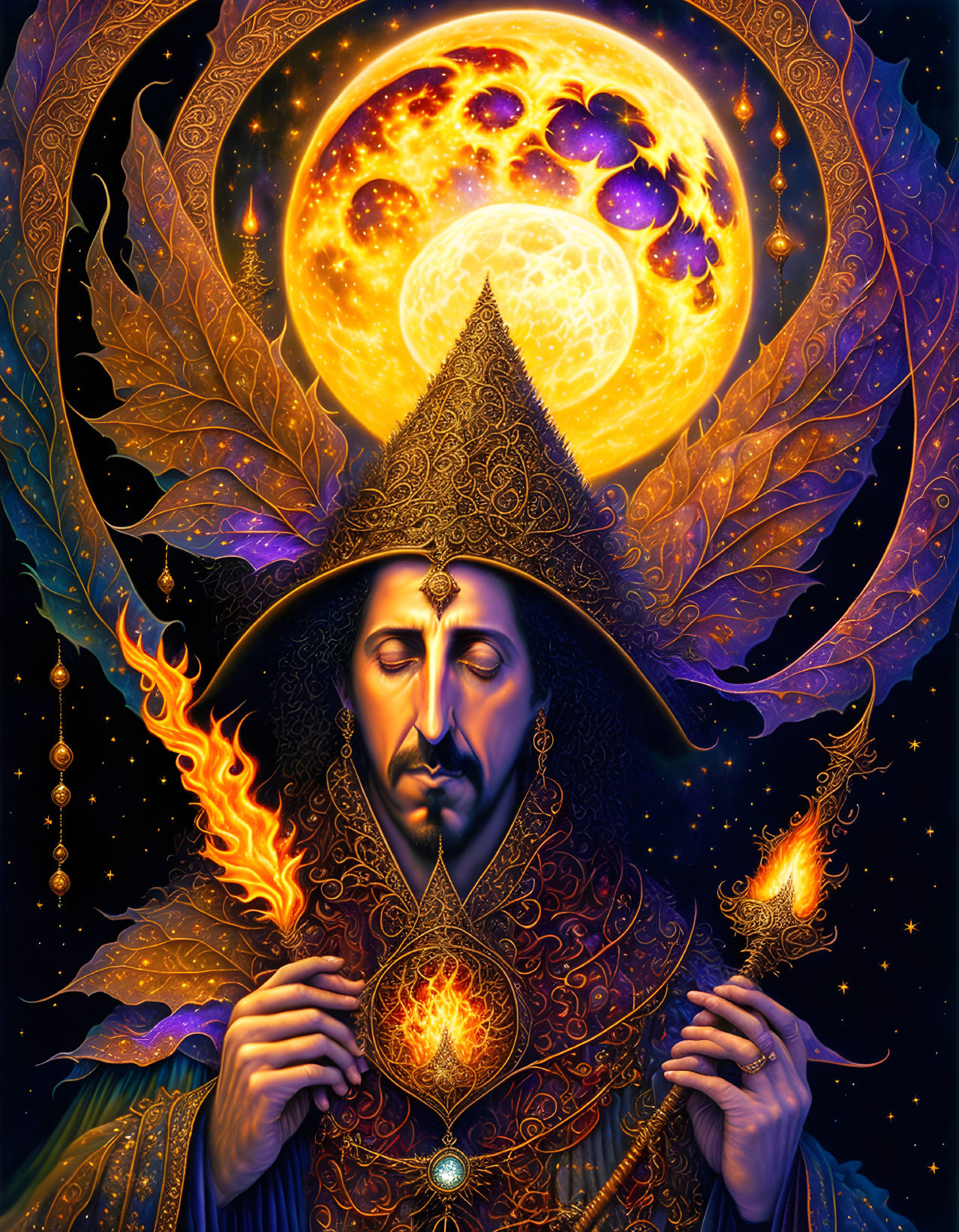 Mystical figure with fiery torch and amulet in cosmic setting