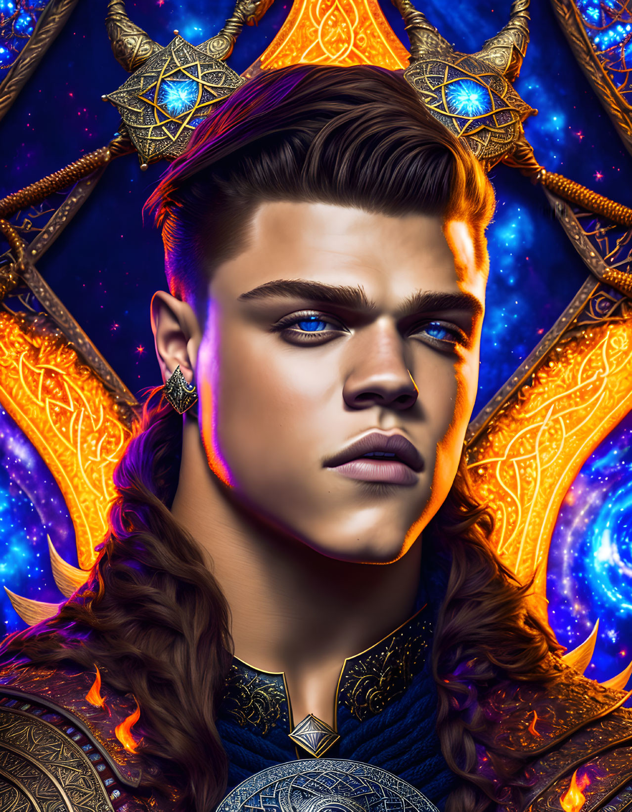 Young man's portrait with blue eyes and golden earring against cosmic backdrop