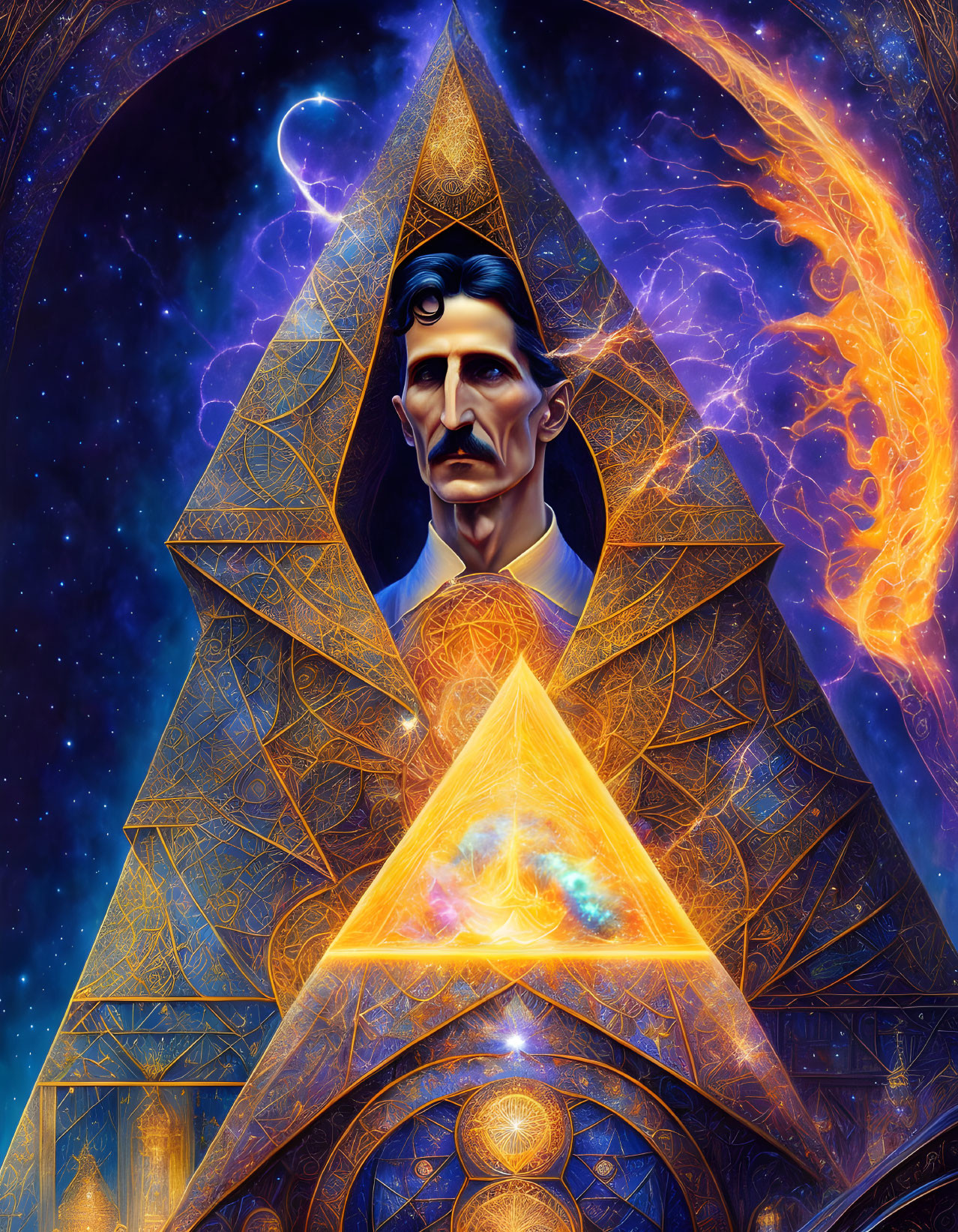 Artistic portrait of Nikola Tesla with geometric patterns and cosmic imagery.