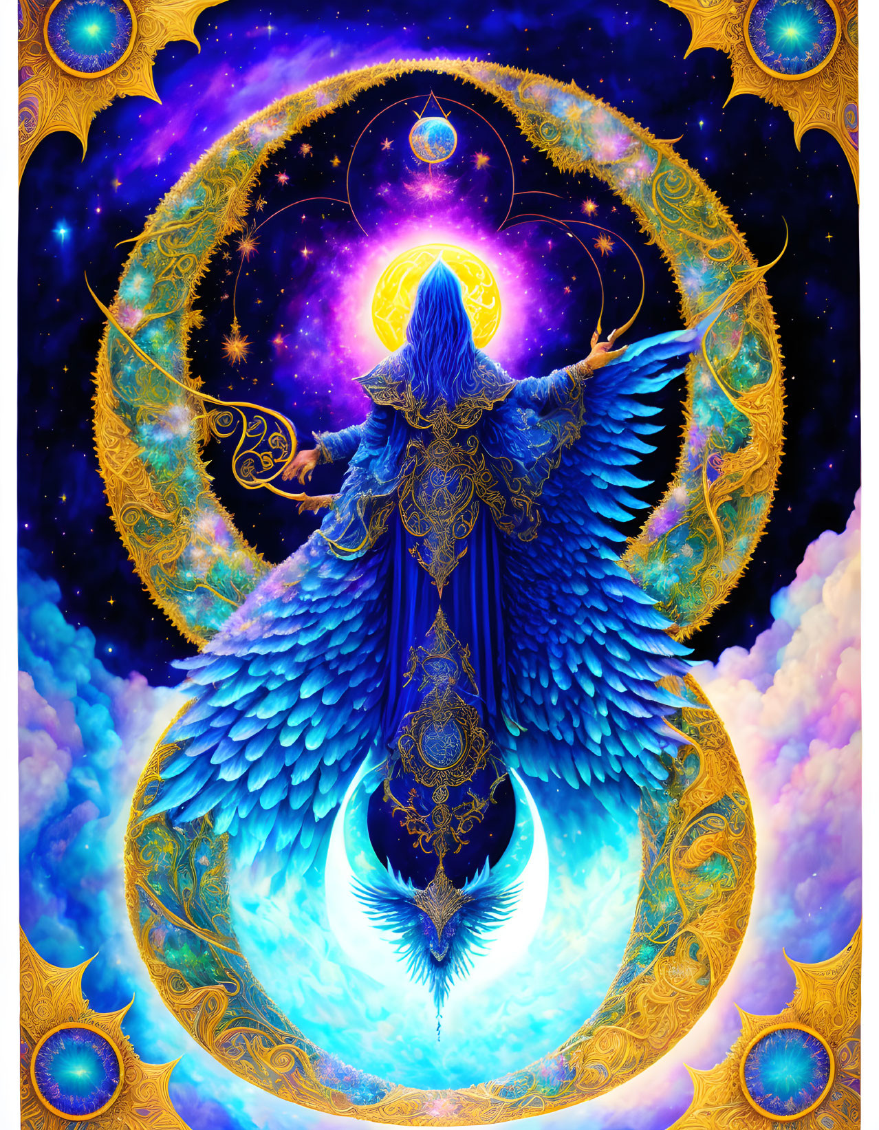 Digital Artwork: Angelic Figure with Luminous Wings amid Celestial Motifs