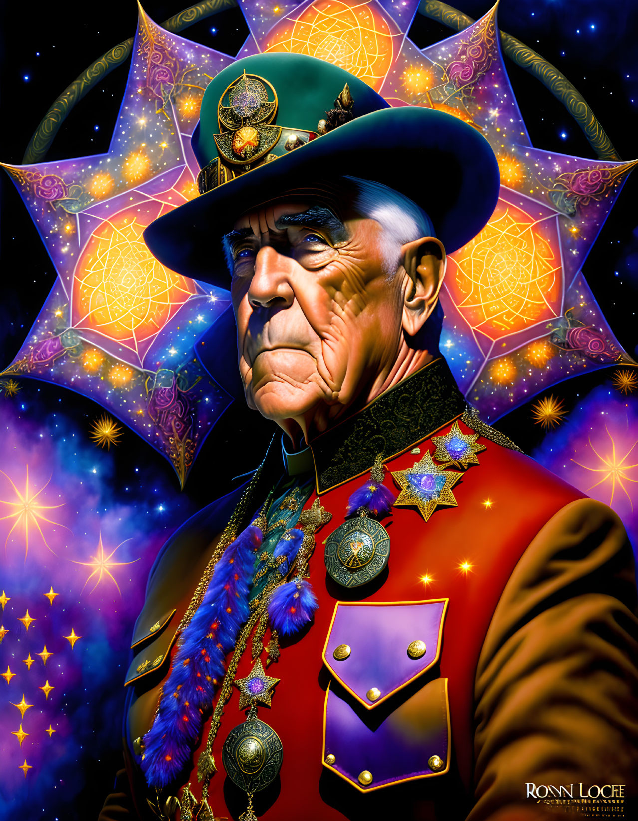 Man in Military Uniform with Medals in Cosmic Setting